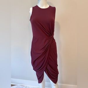 Sleeveless Twist-Drape Midi Dress in Deep Burgundy